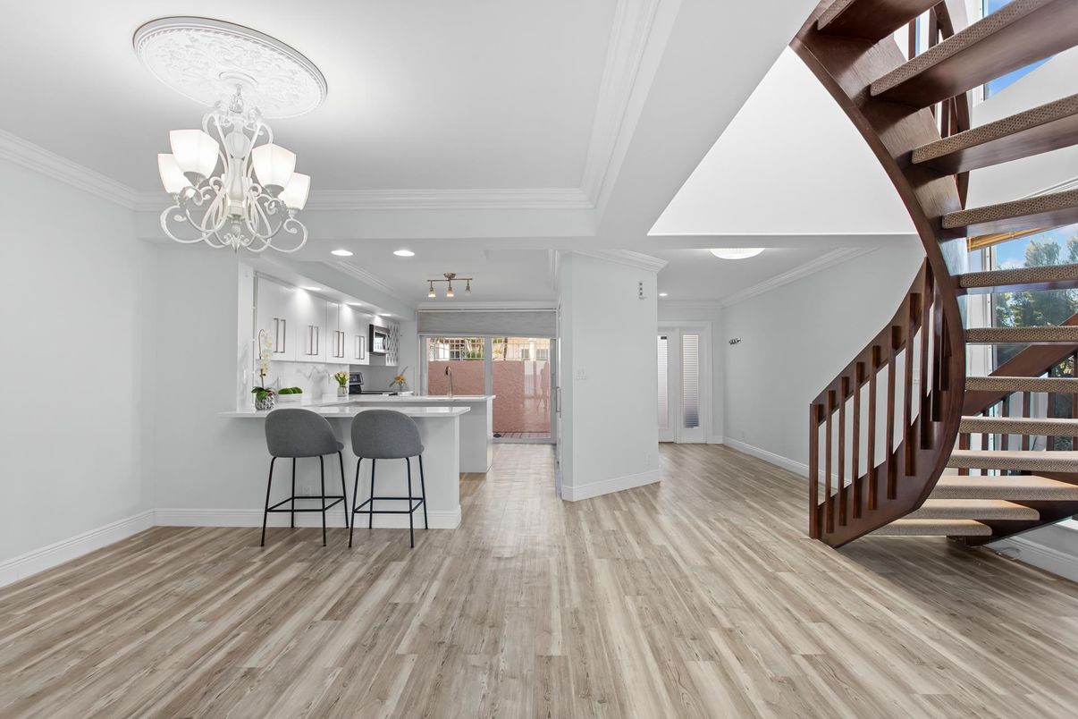 Chandelier, Interior, Kitchen, Recessed Lighting, Wood Texture Flooring