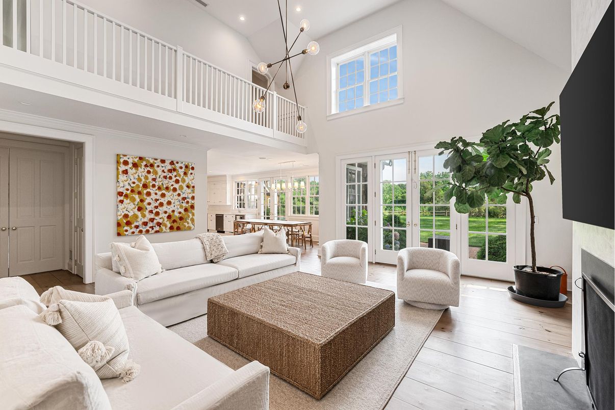 Dining room, Fireplace, Interior, Living room, Pendant Lights, Recessed Lighting, Wood Texture Flooring