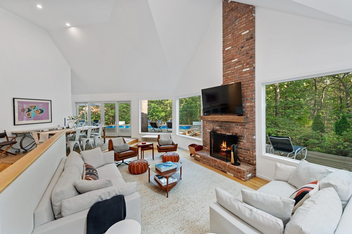 Dining room, Fireplace, Interior, Living room, Recessed Lighting, Stone Walls