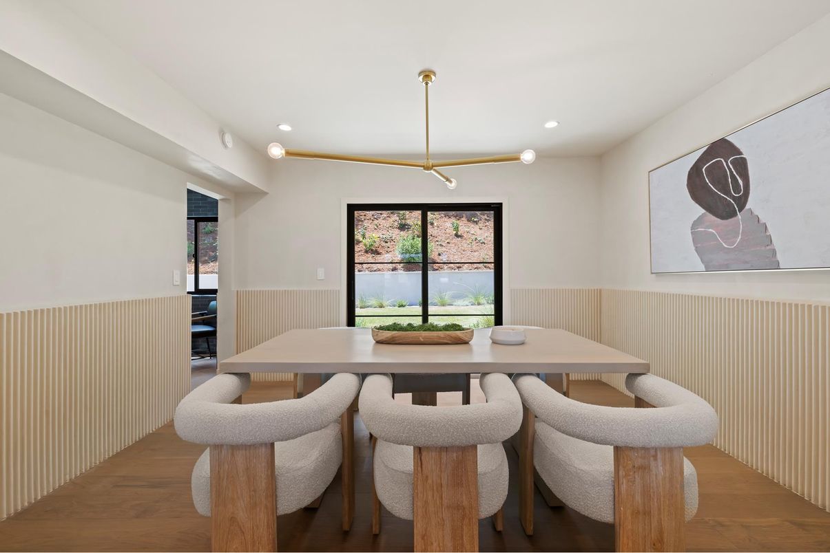 Dining room, Interior, Pendant Lights, Recessed Lighting, Wood Texture Flooring