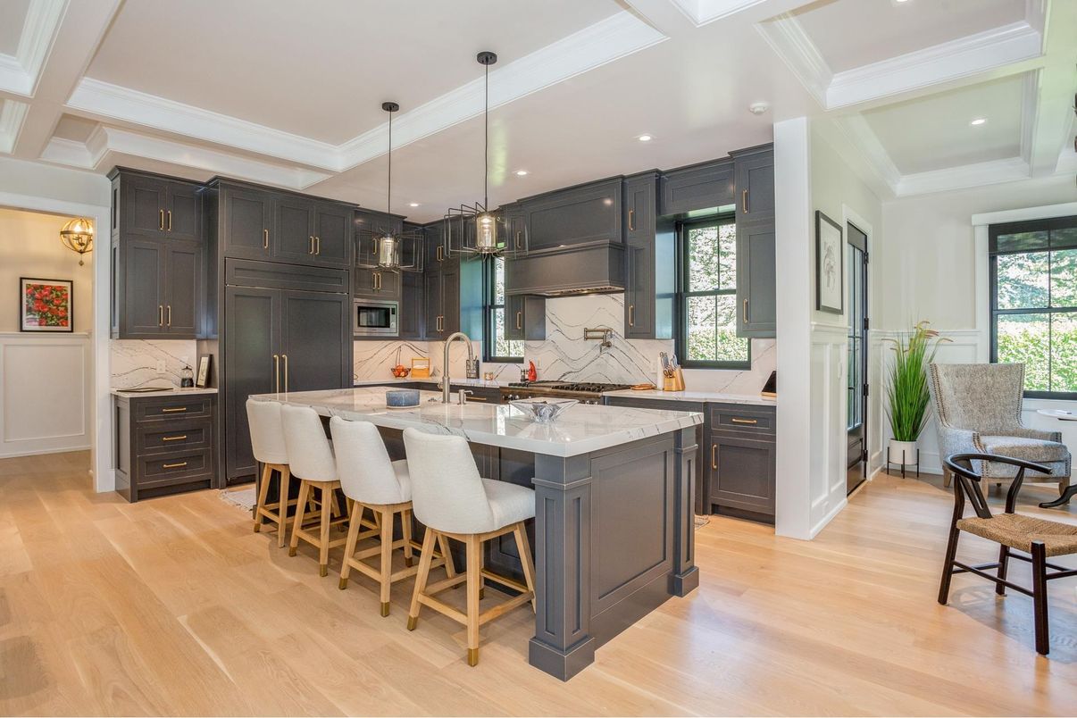 Interior, Kitchen, Marble Walls, Pendant Lights, Recessed Lighting, Wood Texture Flooring
