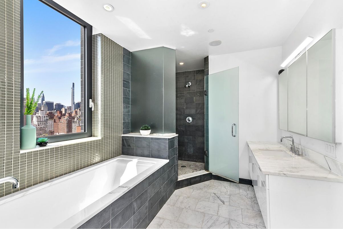 Bathroom, Dual Sink Vanities, Glass Shower, Interior, Marble, Recessed Lighting