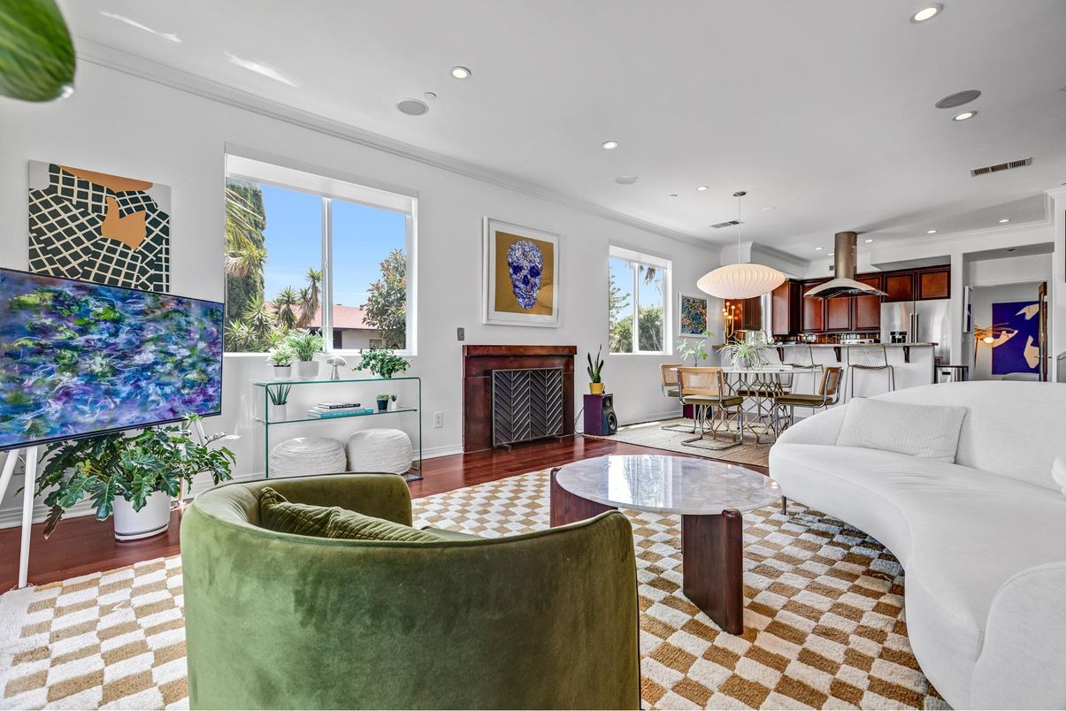 Dining room, Fireplace, Interior, Kitchen, Living room, Pendant Lights, Recessed Lighting, Stainless Steel Appliances, Wood Texture Flooring