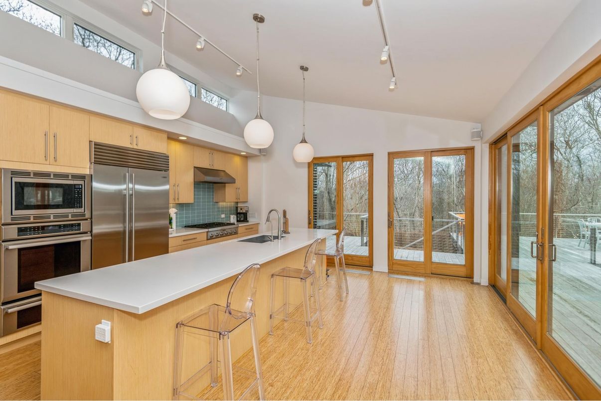 Interior, Kitchen, Pendant Lights, Stainless Steel Appliances, Wood Texture Flooring