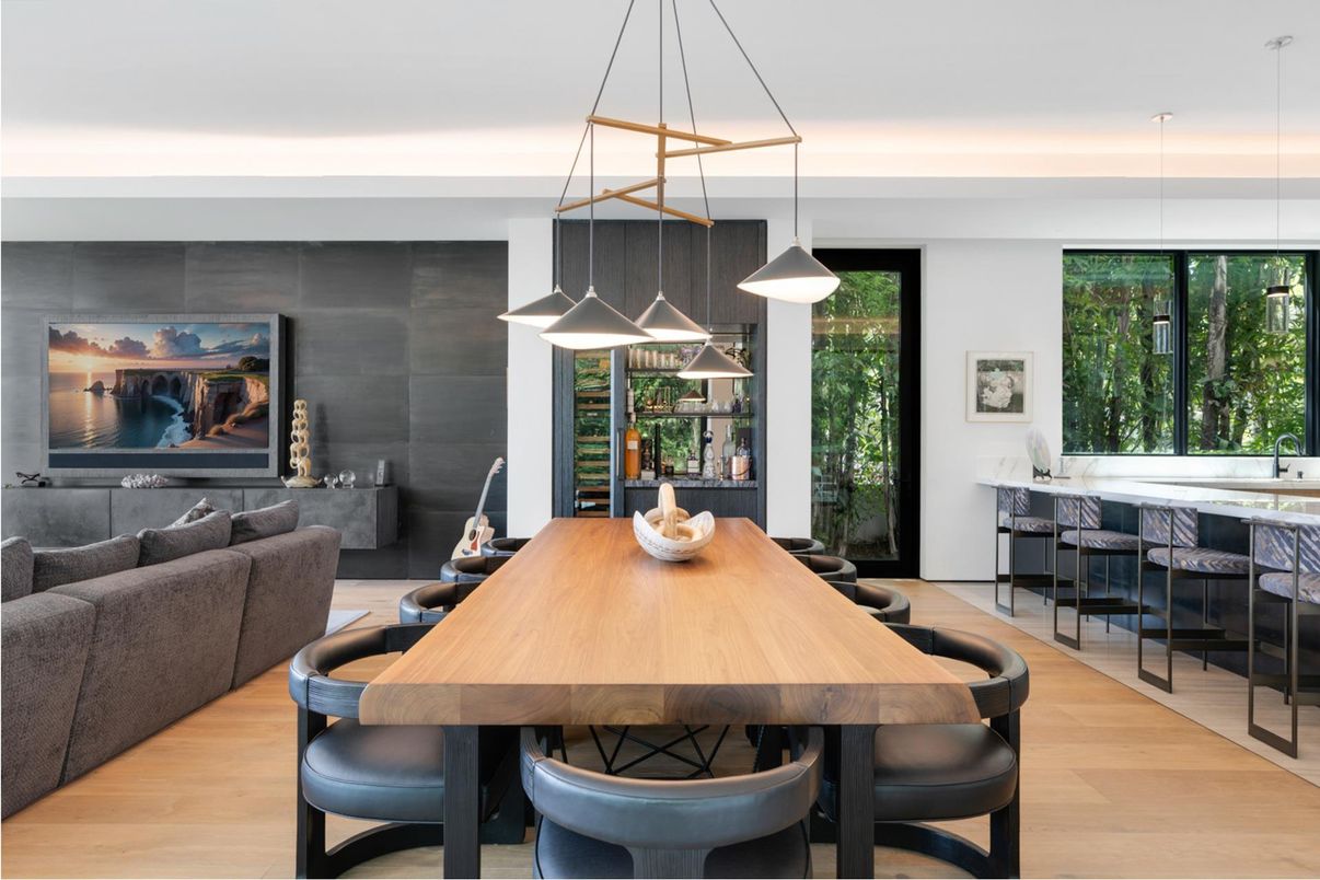 Dining room, Interior, Living room, Pendant Lights, Wood Texture Flooring
