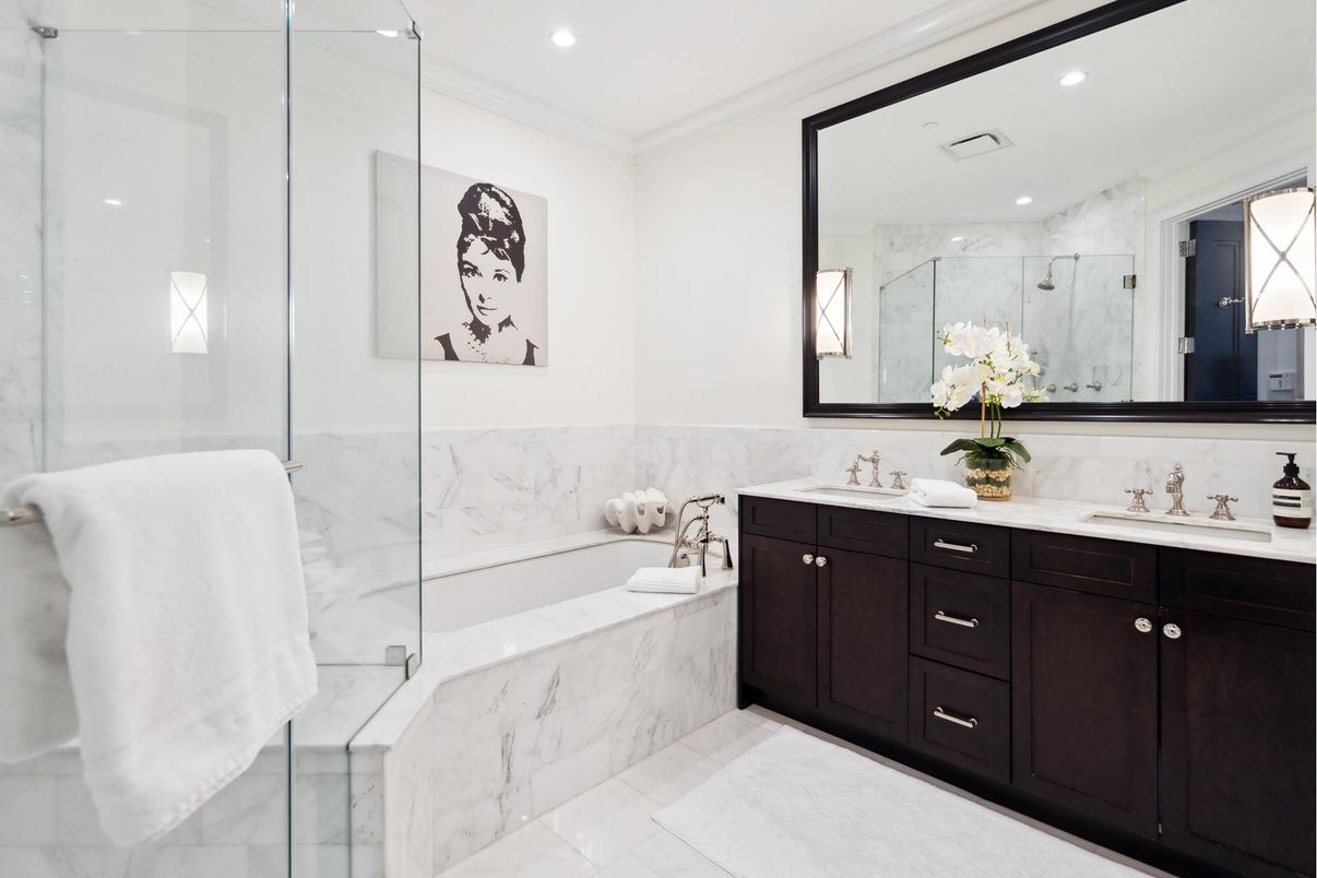 Bathroom, Dual Sink Vanities, Glass Shower, Interior, Marble, Marble Walls, Recessed Lighting