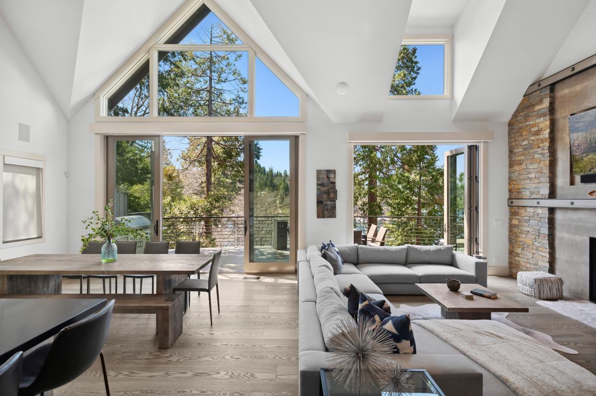 Dining room, Fireplace, Interior, Living room, Stone Walls, Wood Texture Flooring