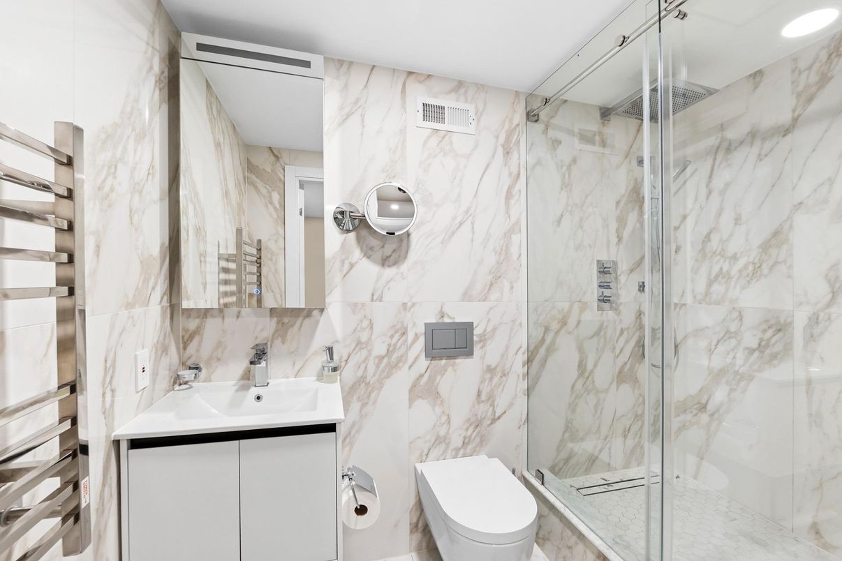 Bathroom, Glass Shower, Interior, Marble Walls, Recessed Lighting