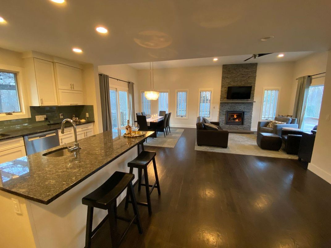 Dining room, Fireplace, Interior, Kitchen, Living room, Pendant Lights, Recessed Lighting, Stone Walls, Wood Texture Flooring