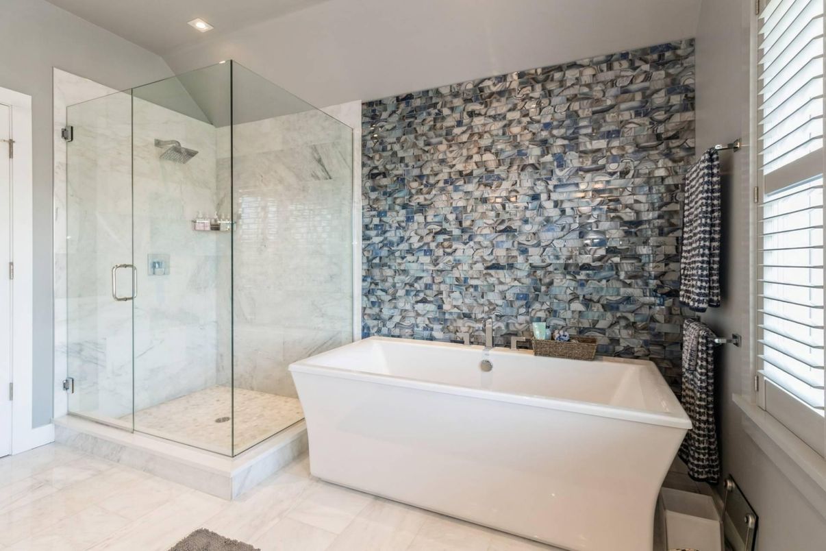 Bathroom, Free Standing Baths, Glass Shower, Interior, Marble Walls, Recessed Lighting