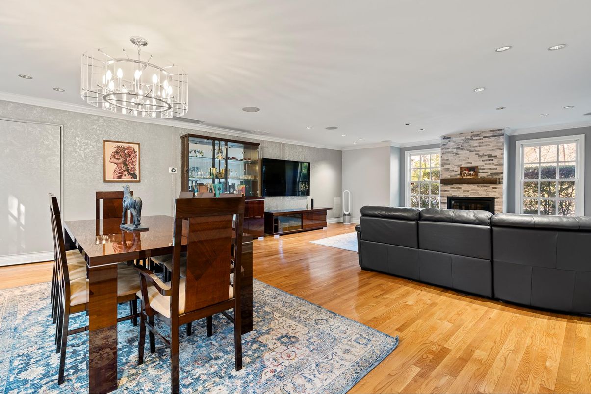 Chandelier, Dining room, Fireplace, Interior, Living room, Recessed Lighting, Stone Walls, Wood Texture Flooring