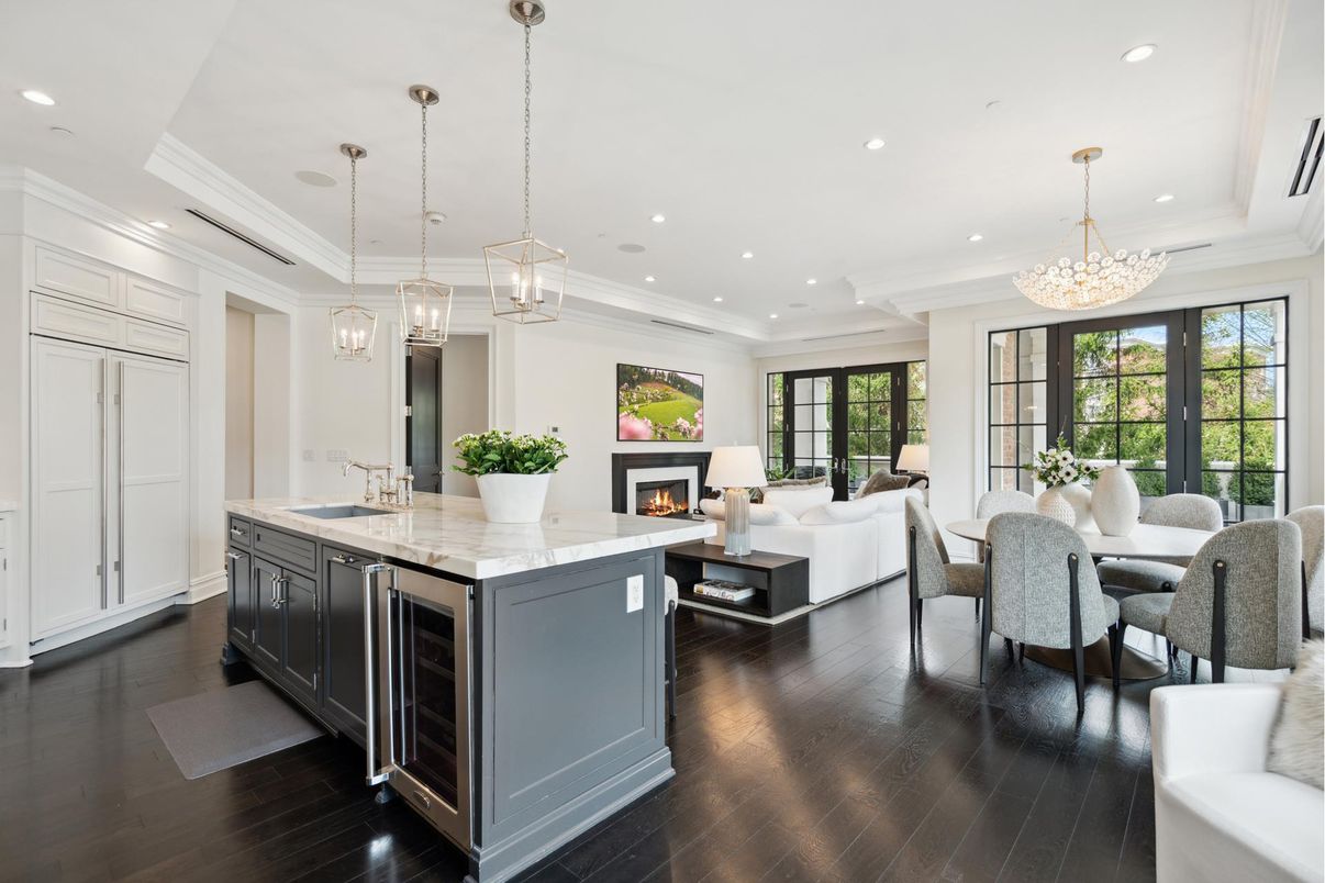 Chandelier, Dining room, Fireplace, Interior, Kitchen, Living room, Pendant Lights, Recessed Lighting, Wood Texture Flooring