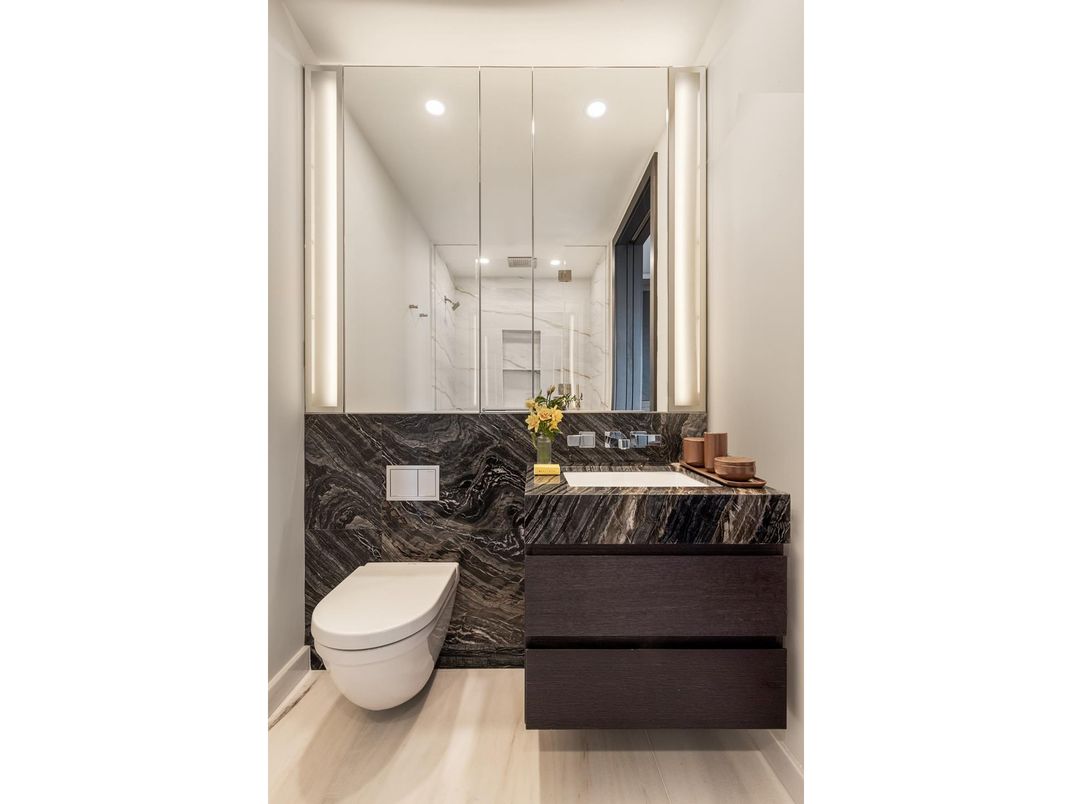Bathroom, Glass Shower, Interior, Recessed Lighting, Wood Texture Flooring