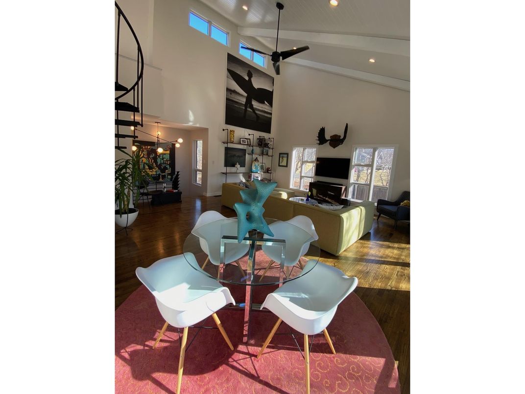 Dining room, Fireplace, Interior, Living room, Pendant Lights, Recessed Lighting, Wood Texture Flooring