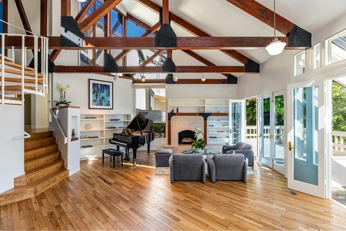 Fireplace, Interior, Living room, Pendant Lights, Piano, Wooden Beams, Wood Texture Flooring