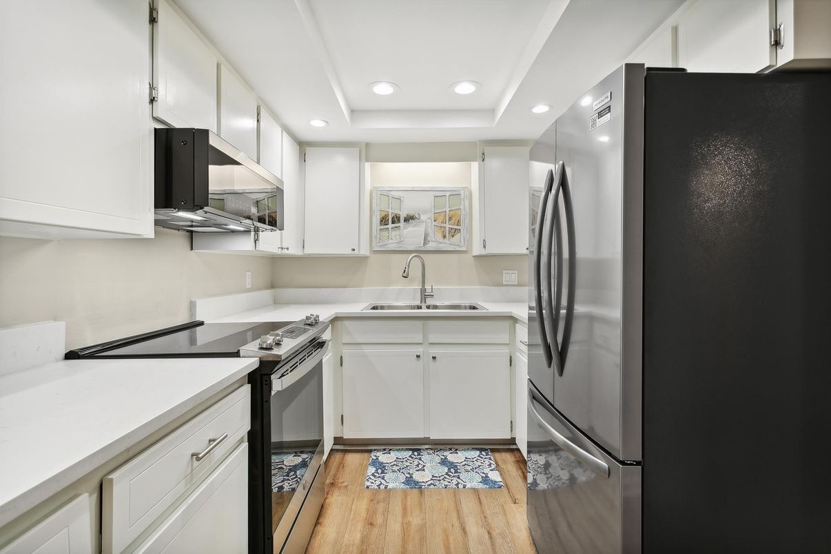 Interior, Kitchen, Recessed Lighting, Stainless Steel Appliances, Wood Texture Flooring