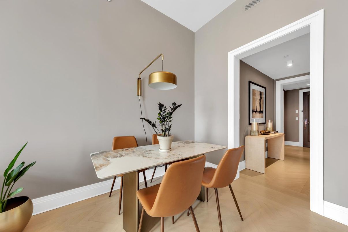 Dining room, Interior, Recessed Lighting, Wood Texture Flooring