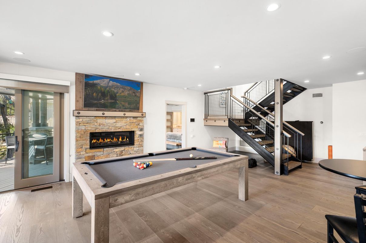 Billiard Table, Fireplace, Game Room, Interior, Recessed Lighting, Wood Texture Flooring