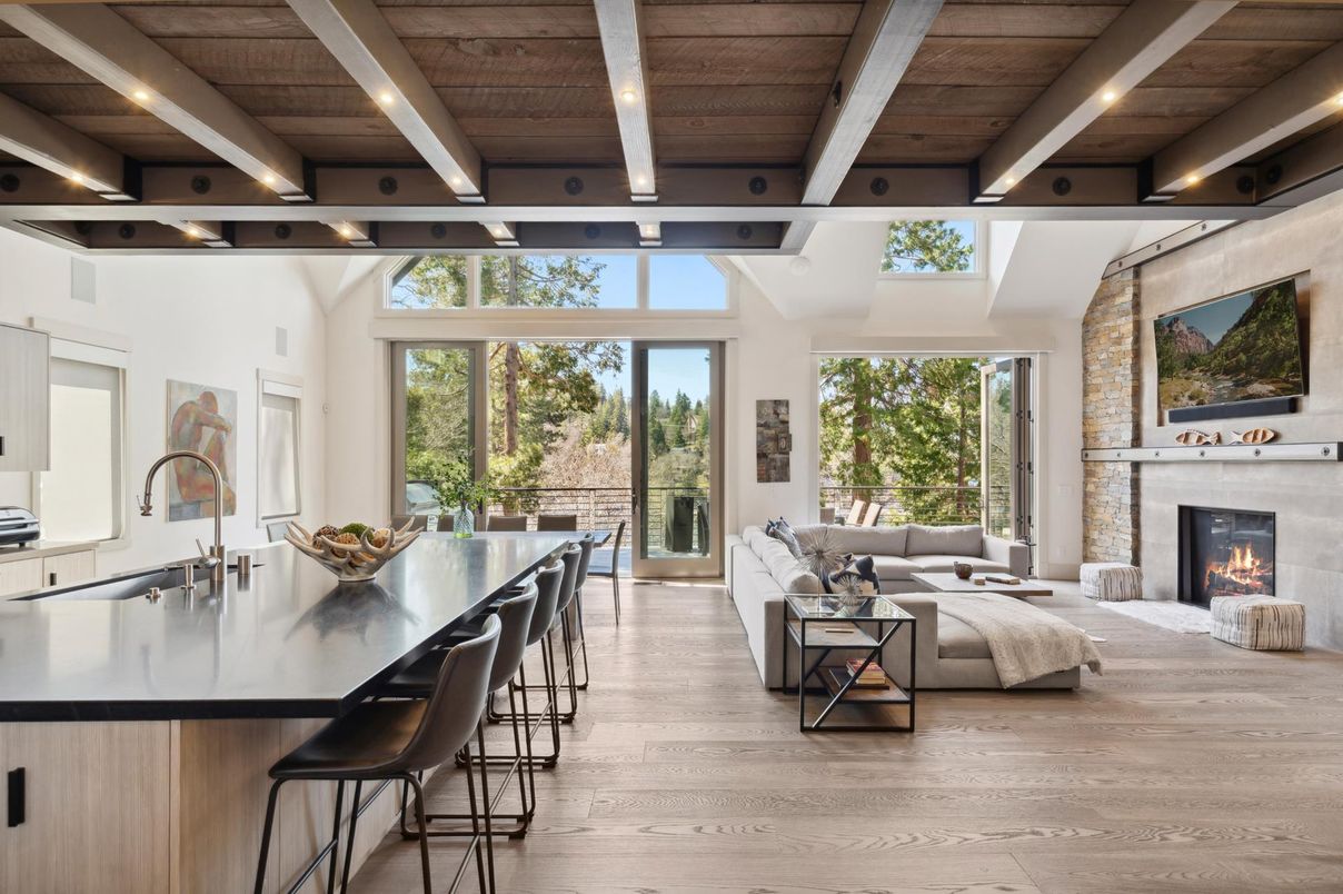 Dining room, Fireplace, Interior, Kitchen, Living room, Recessed Lighting, Stone Walls, Wooden Beams, Wooden Ceilings, Wood Texture Flooring