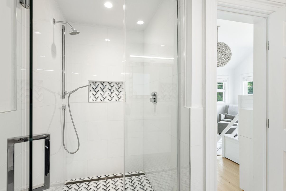 Bathroom, Glass Shower, Interior, Recessed Lighting, Wood Texture Flooring