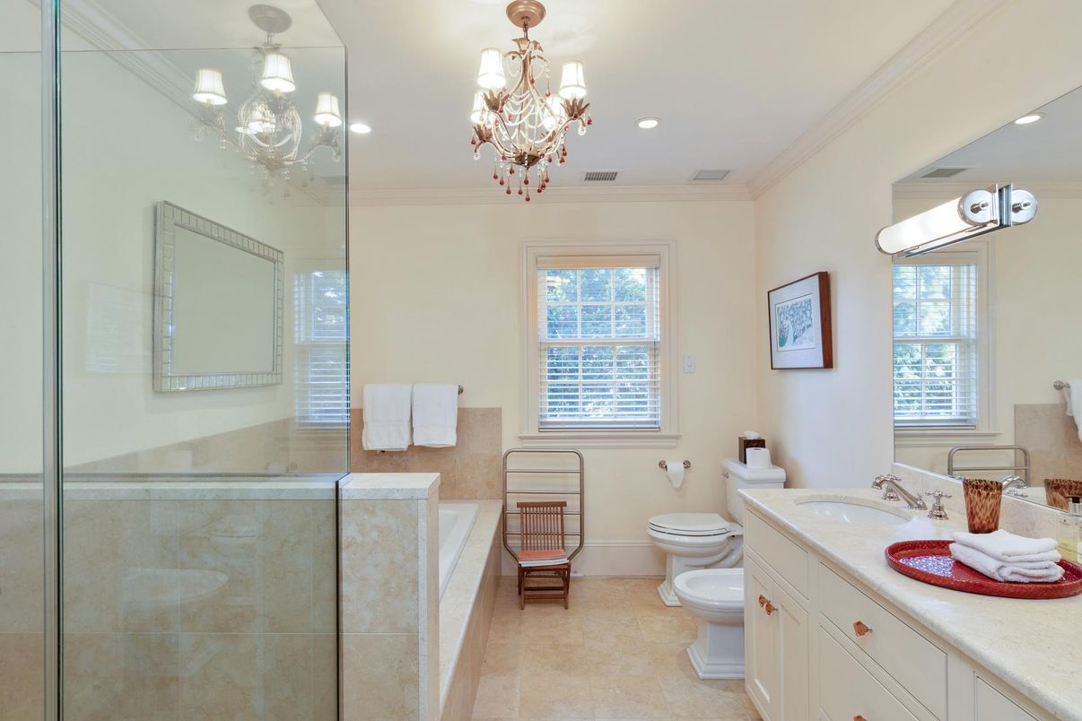 Bathroom, Chandelier, Glass Shower, Interior, Recessed Lighting