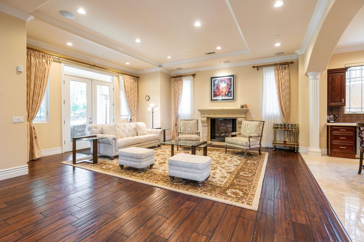 Fireplace, Interior, Living room, Recessed Lighting, Wood Texture Flooring