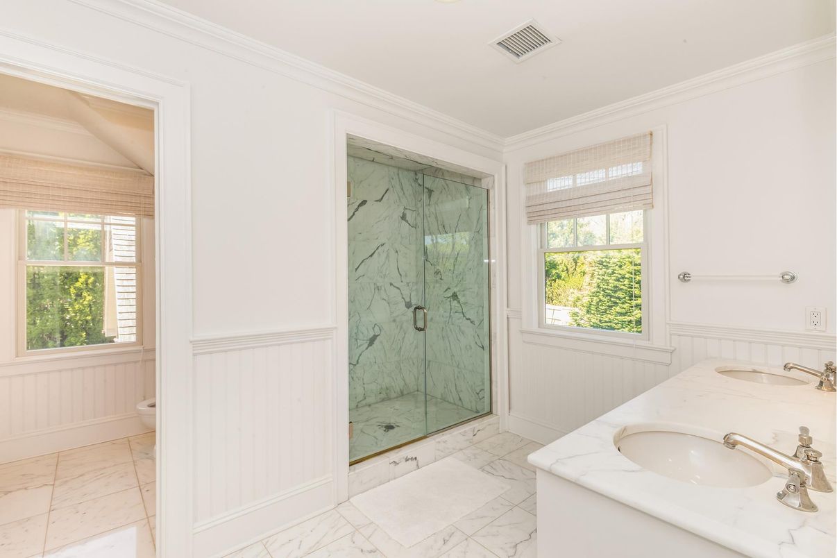 Bathroom, Dual Sink Vanities, Glass Shower, Interior, Marble, Marble Walls