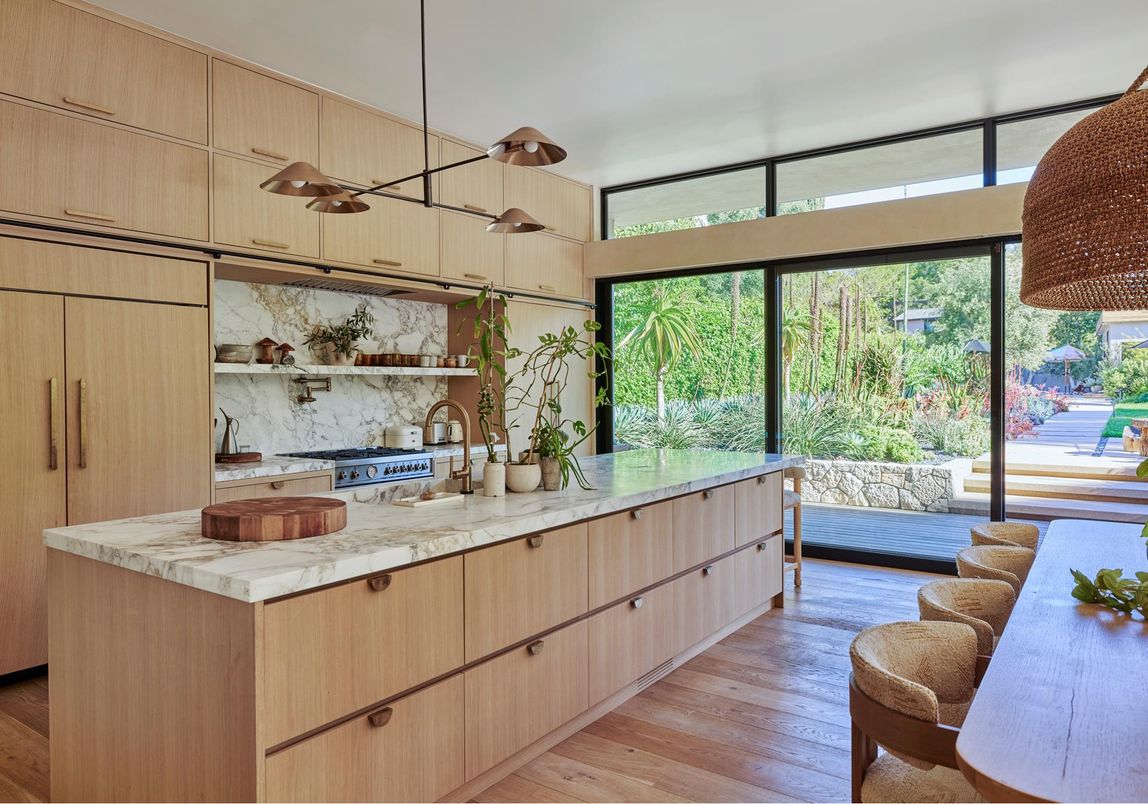 Interior, Kitchen, Marble Walls, Pendant Lights, Wood Texture Flooring