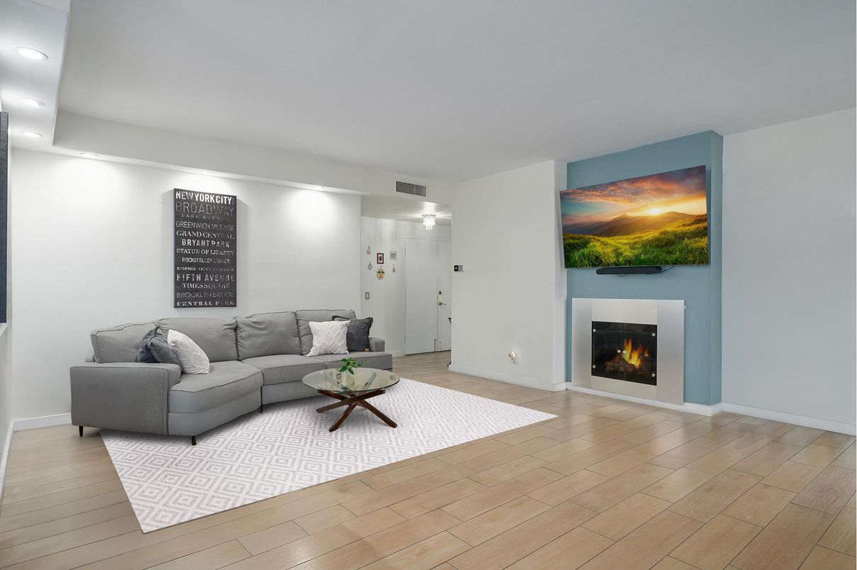 Fireplace, Interior, Living room, Recessed Lighting, Wood Texture Flooring