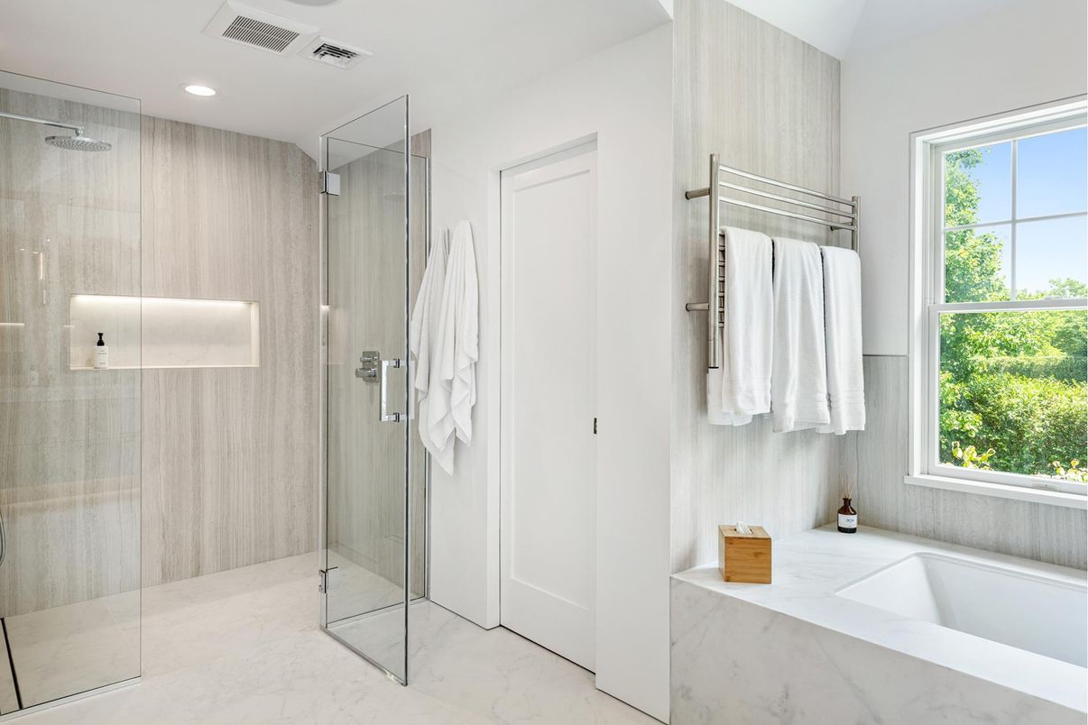 Bathroom, Glass Shower, Interior, Marble, Recessed Lighting