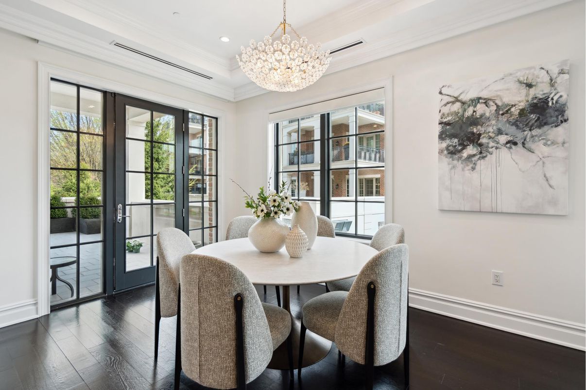 Chandelier, Dining room, Interior, Recessed Lighting, Wood Texture Flooring