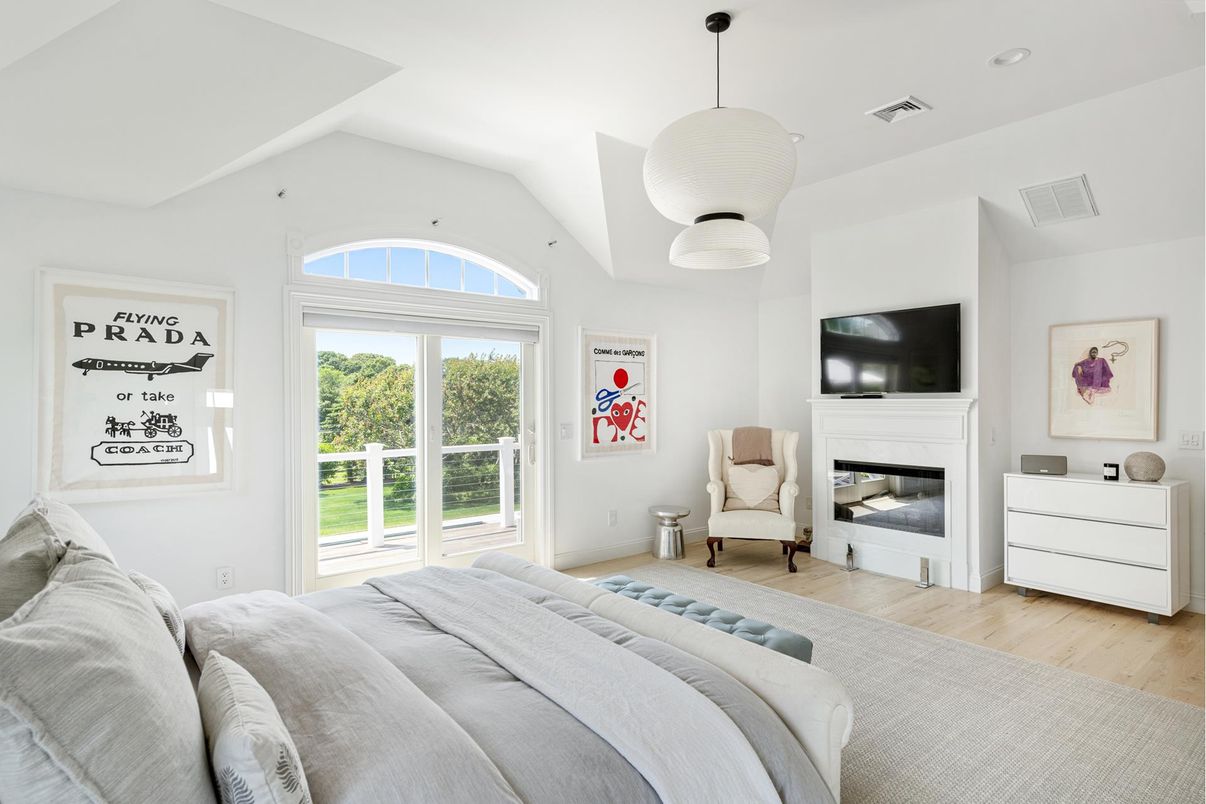 Bedroom, Fireplace, Interior, Pendant Lights, Wood Texture Flooring