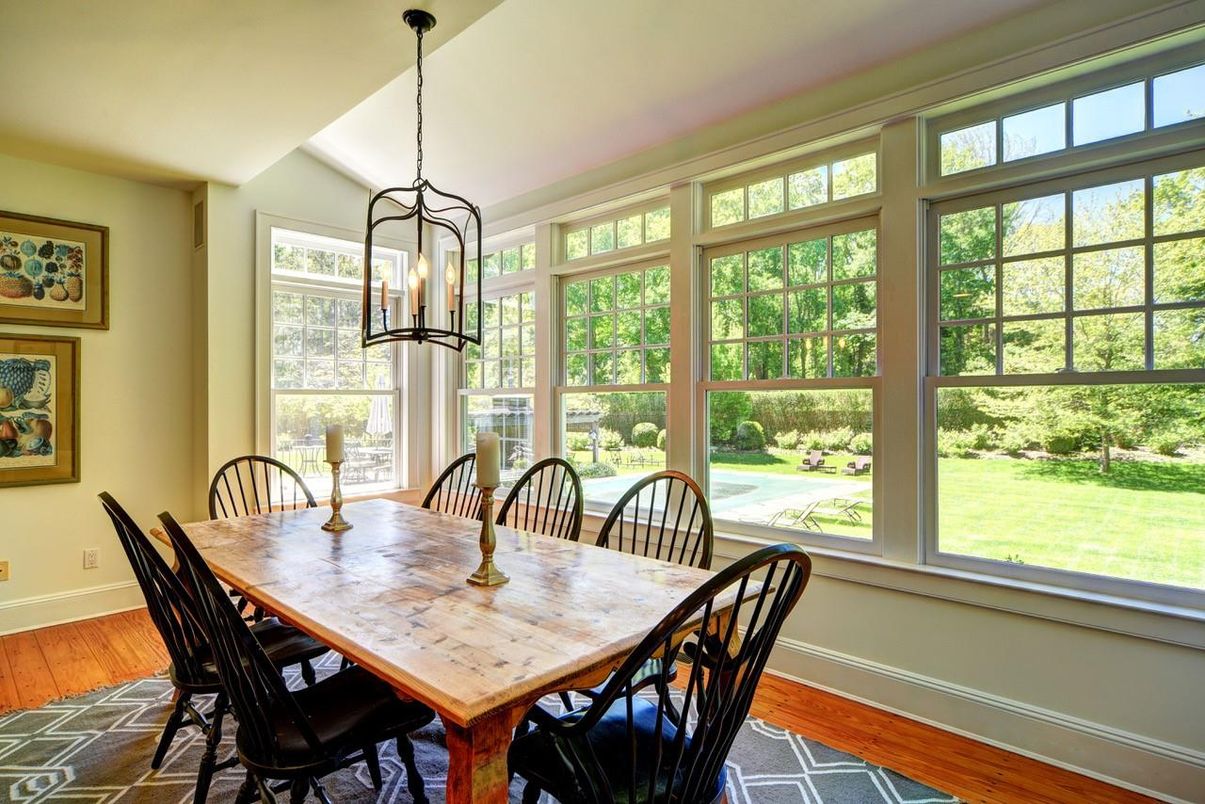 Dining room, Interior, Pendant Lights, Wood Texture Flooring