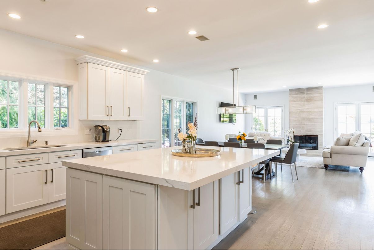 Dining room, Fireplace, Interior, Kitchen, Living room, Pendant Lights, Recessed Lighting, Stainless Steel Appliances, Wood Texture Flooring