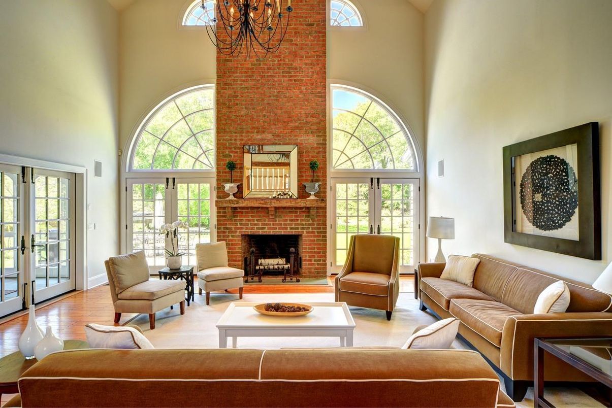 Chandelier, Fireplace, Interior, Living room, Stone Walls, Wood Texture Flooring