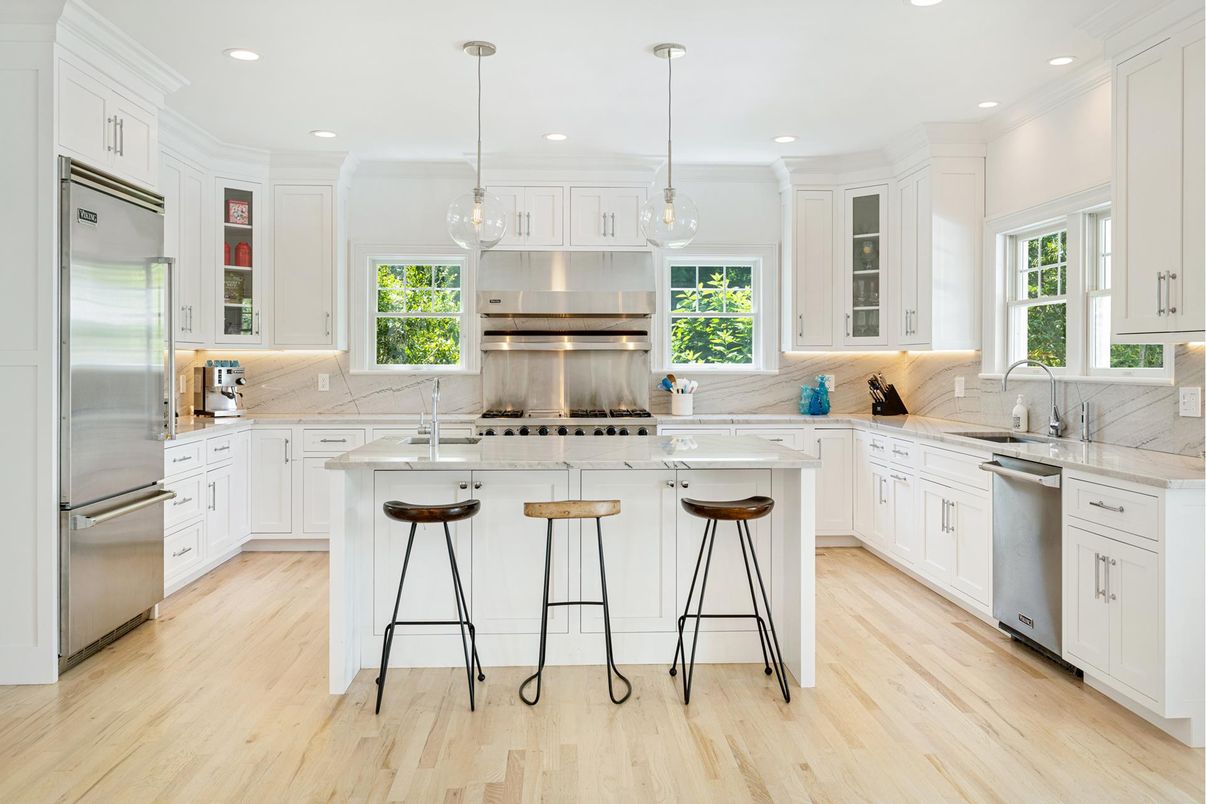 Interior, Kitchen, Pendant Lights, Recessed Lighting, Stainless Steel Appliances, Wood Texture Flooring