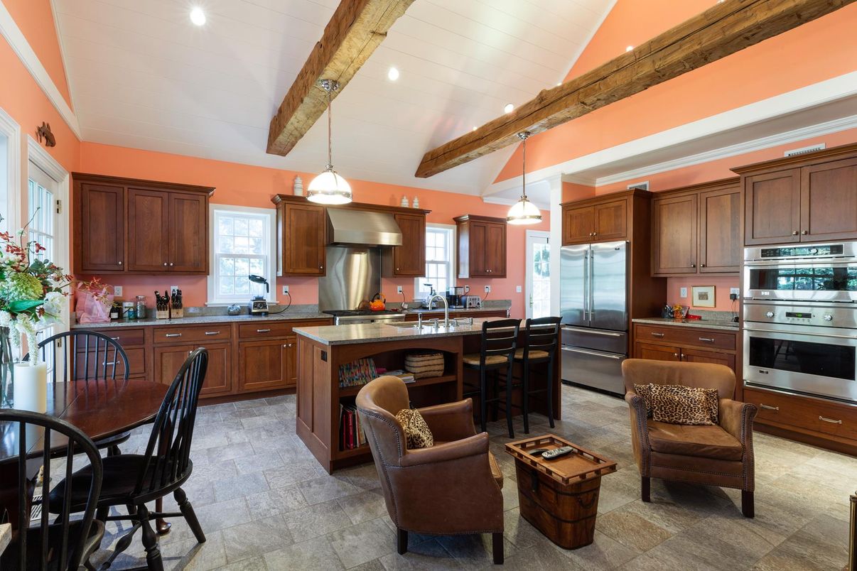 Interior, Kitchen, Pendant Lights, Recessed Lighting, Stainless Steel Appliances, Wooden Beams