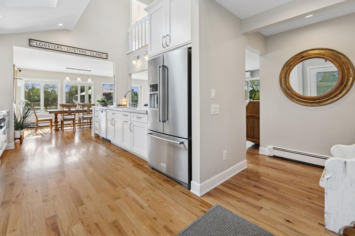 Dining room, Interior, Pendant Lights, Wood Texture Flooring