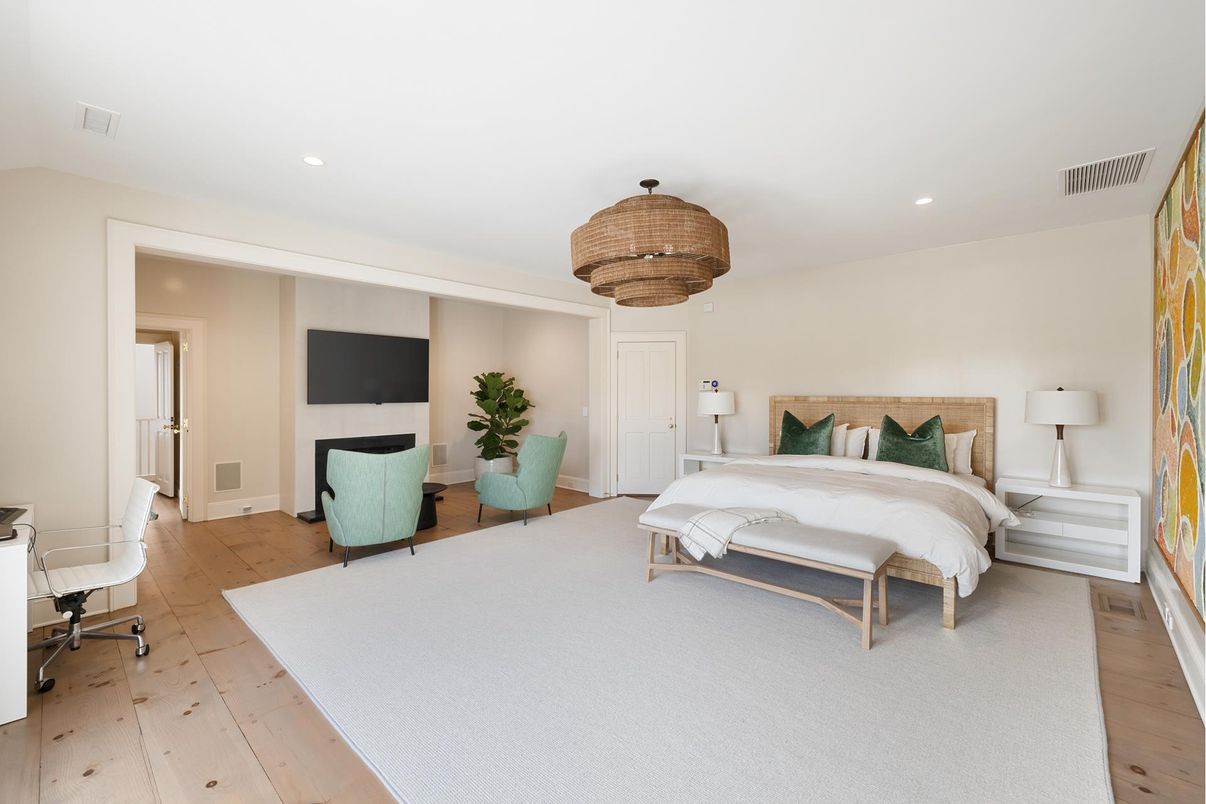 Bedroom, Chandelier, Interior, Recessed Lighting, Wood Texture Flooring