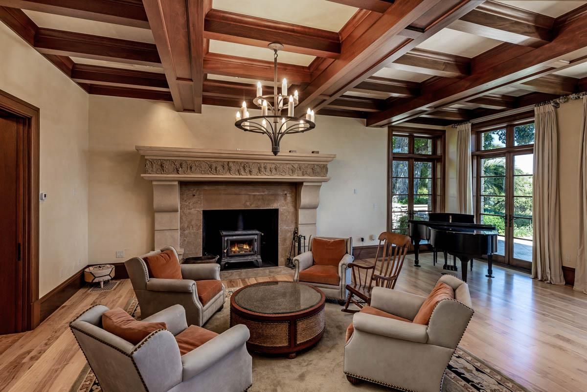 Chandelier, Fireplace, Interior, Living room, Piano, Wooden Beams, Wood Texture Flooring