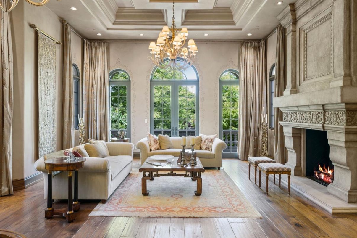 Chandelier, Fireplace, Interior, Living room, Recessed Lighting, Wood Texture Flooring