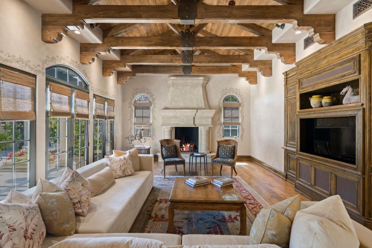 Fireplace, Interior, Living room, Recessed Lighting, Wooden Beams, Wooden Ceilings, Wood Texture Flooring