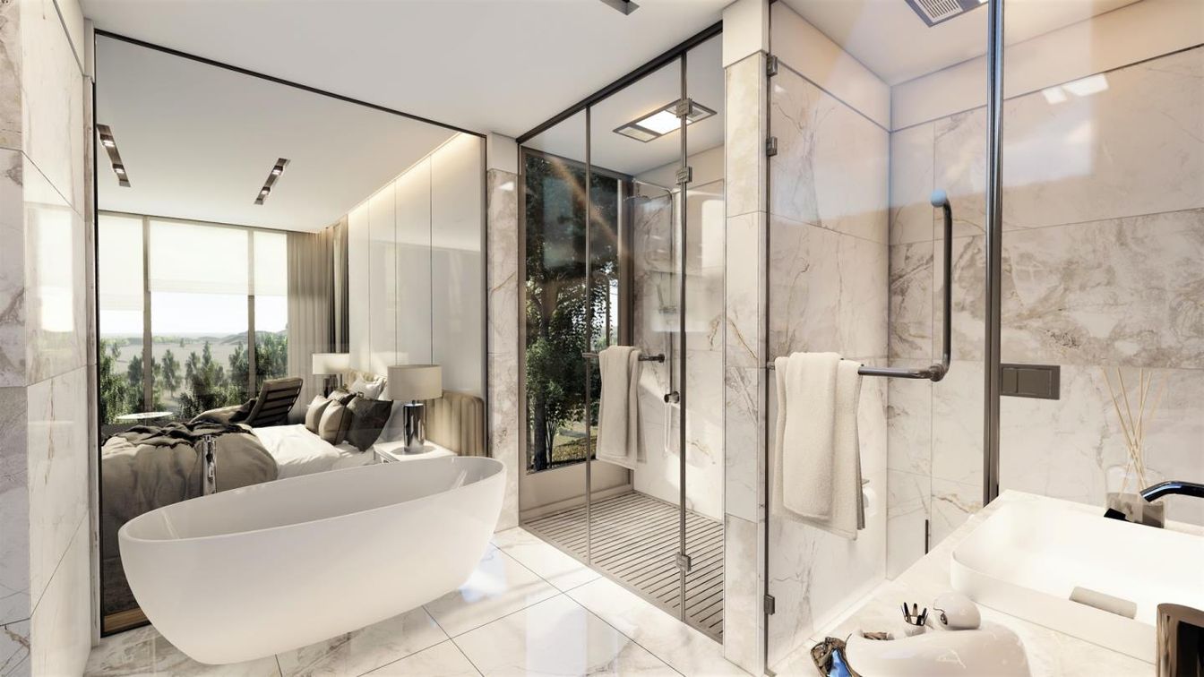 Bathroom, Free Standing Baths, Glass Shower, Interior, Marble, Marble Walls