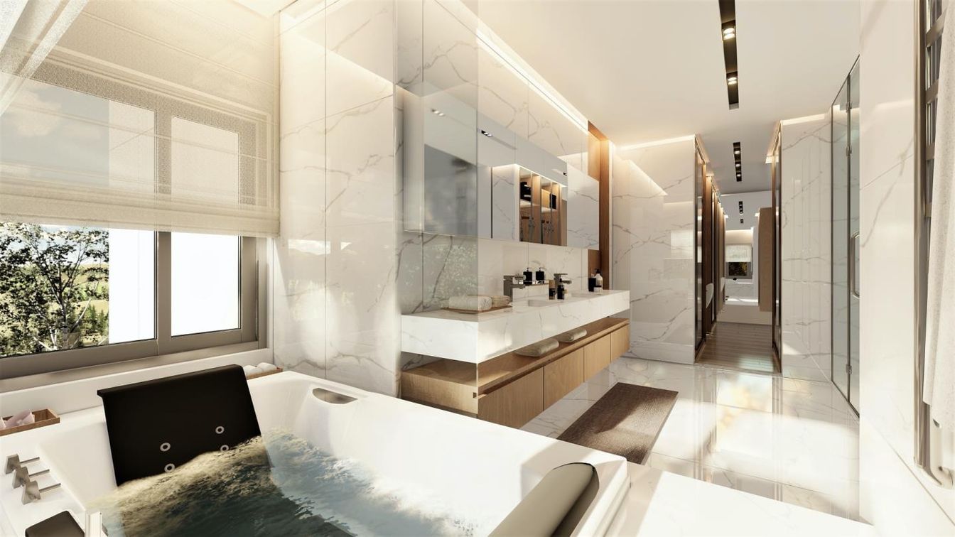 Bathroom, Glass Shower, Interior, Marble Walls