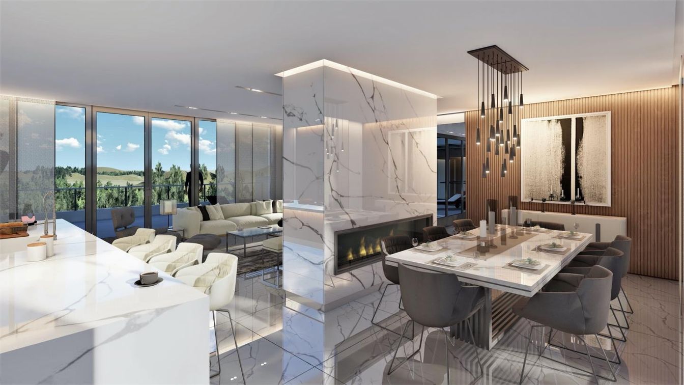 Dining room, Fireplace, Interior, Living room, Marble, Marble Walls, Pendant Lights, Recessed Lighting