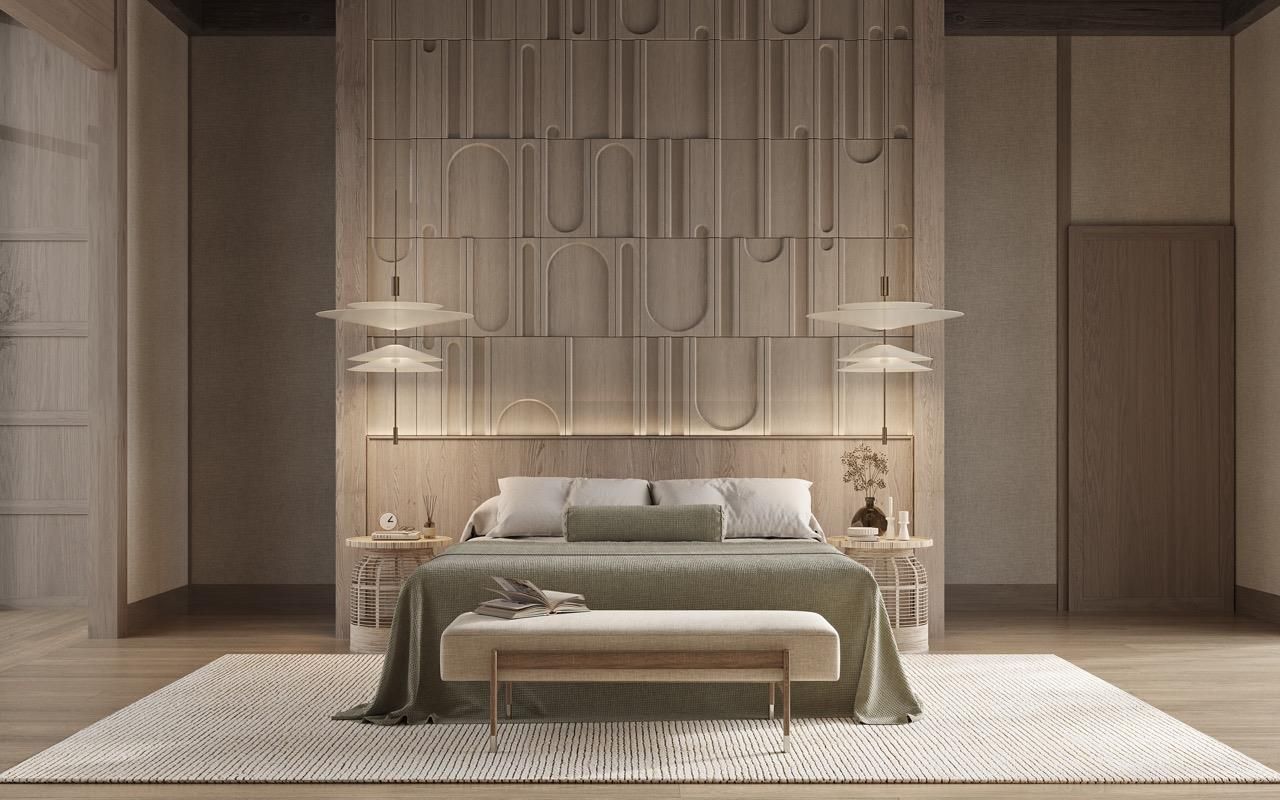 Bedroom, Interior, Pendant Lights, Wood Texture Flooring