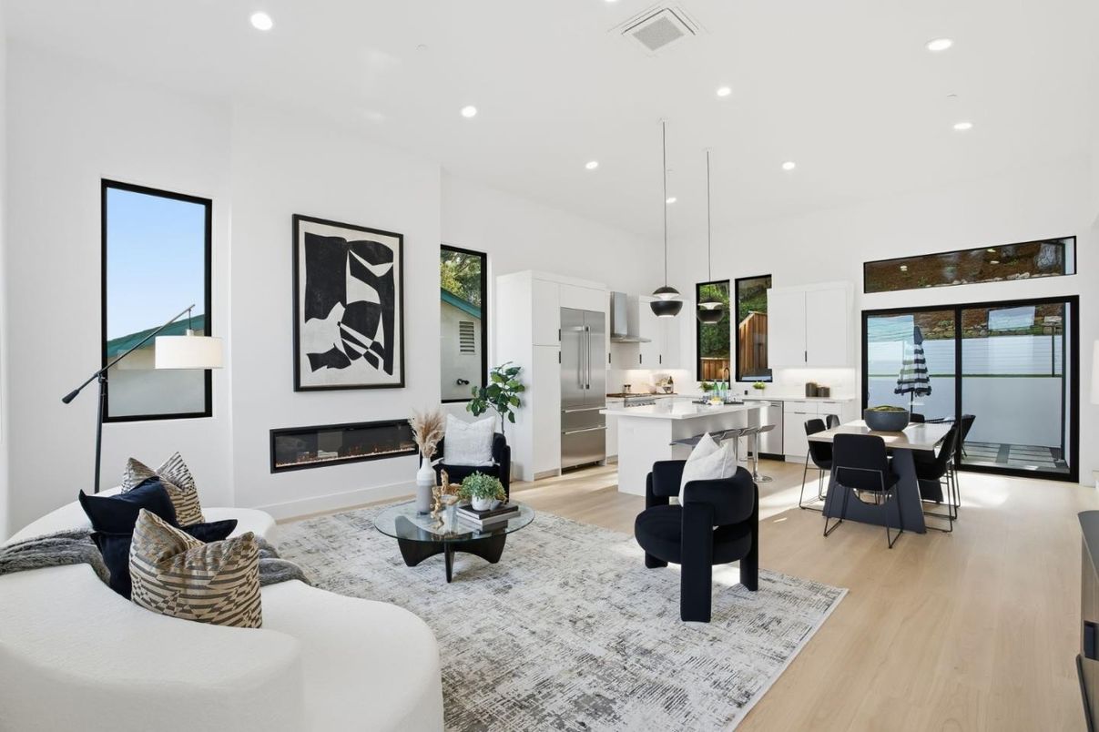 Dining room, Fireplace, Interior, Kitchen, Living room, Pendant Lights, Recessed Lighting, Wood Texture Flooring