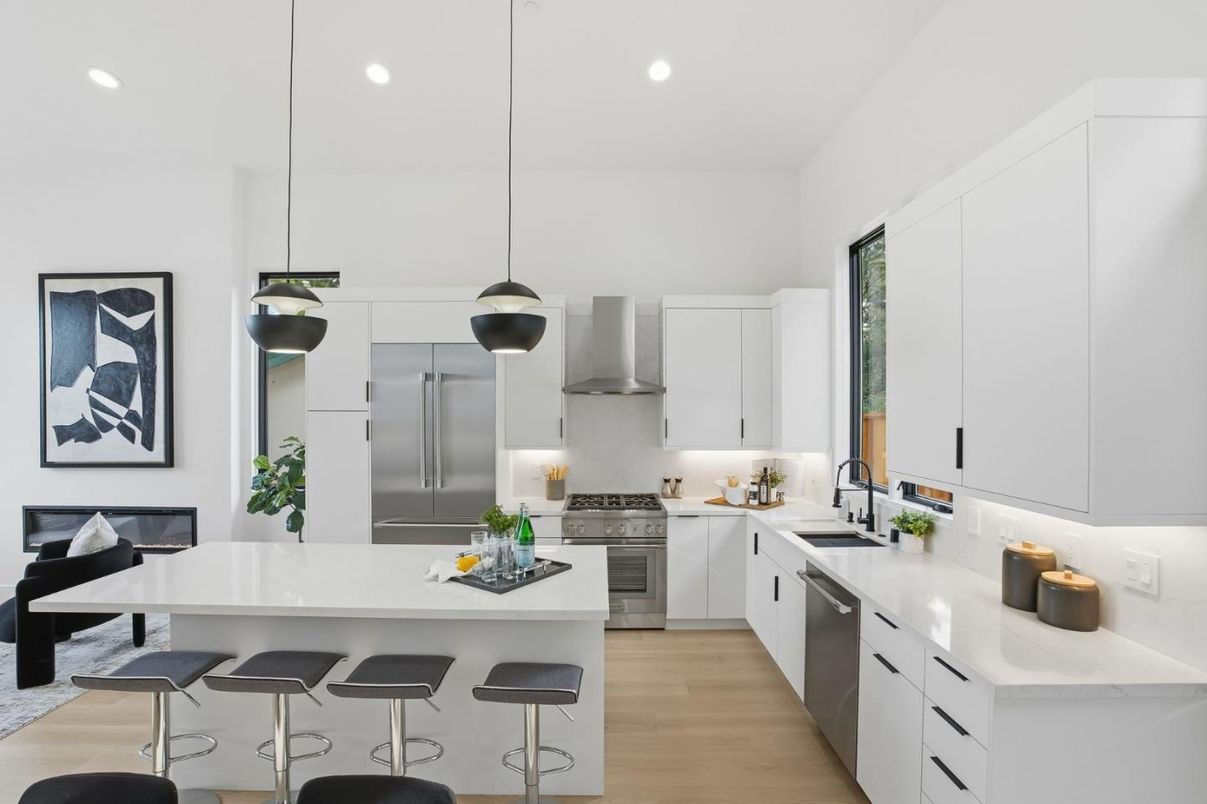Interior, Kitchen, Pendant Lights, Recessed Lighting, Stainless Steel Appliances, Wood Texture Flooring