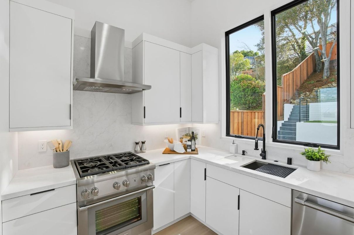 Interior, Kitchen, Marble Walls, Stainless Steel Appliances, Wood Texture Flooring