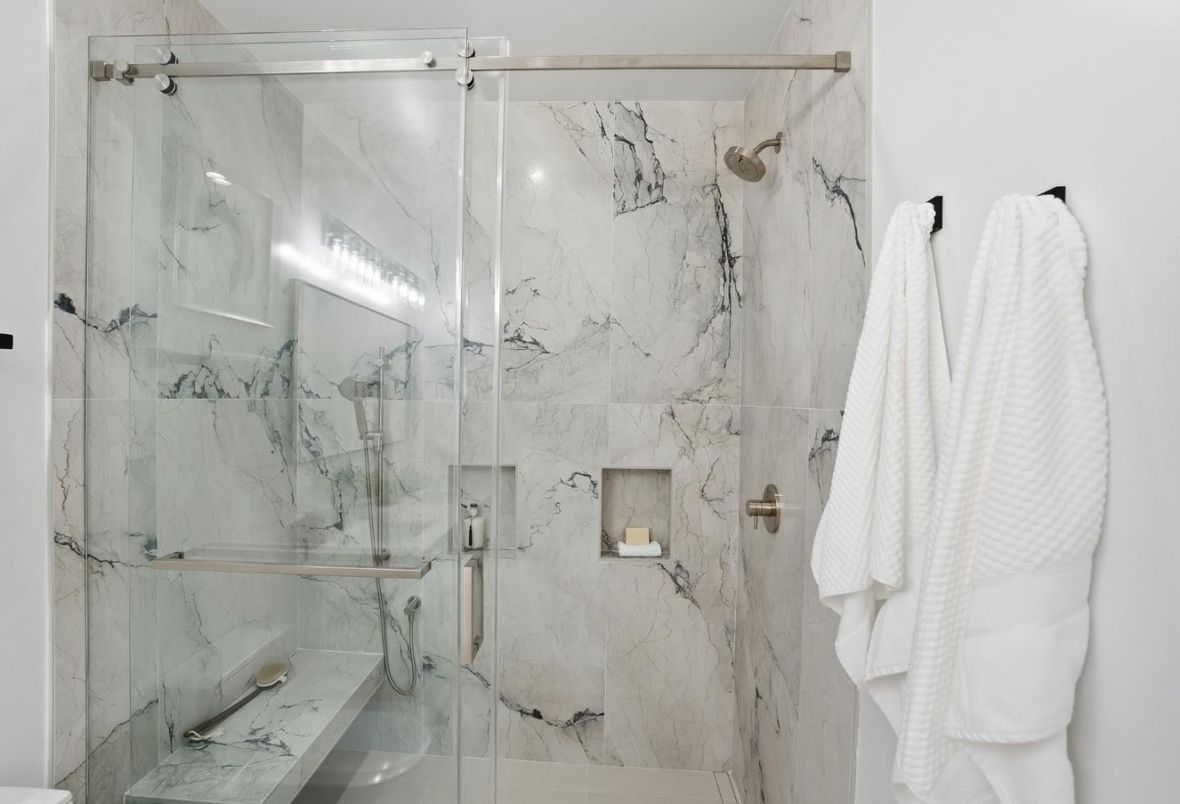 Bathroom, Glass Shower, Interior, Marble Walls